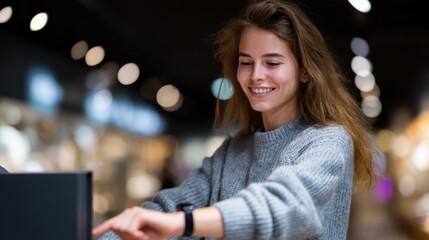 A young woman smiles while using a touchscreen device in a modern, well-lit indoor setting with a blurred background