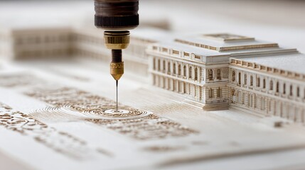 Miniature building being precisely carved by a laser