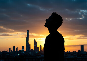 夜明けの光の中で空を見上げる人のシルエット