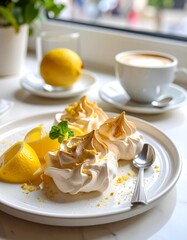 Lemon meringue dessert with coffee