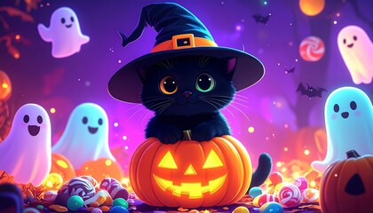 Halloween celebration with adorable black cat on pumpkin spooky forest digital art colorful fantasy vibe