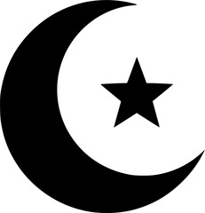 Black Vector Silhouette: Crescent Moon and Star Symbol	A clear, geometric black vector silhouette of the widely recognized crescent moon and star, the primary symbol of Islam