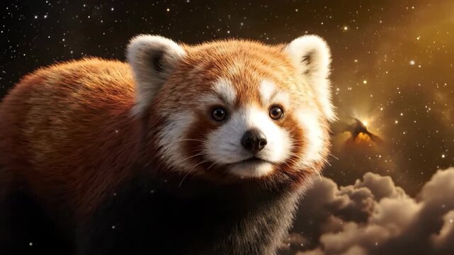 Dreamy Red Panda amidst clouds and stars with mountain silhouette, and serene.