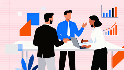 Business team collaborating at desk with laptop