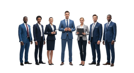Diverse group of seven business professionals in suits standing together, isolated on transparent background
