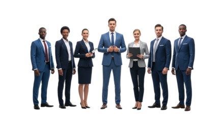Diverse group of seven business professionals in suits standing together, isolated on transparent background