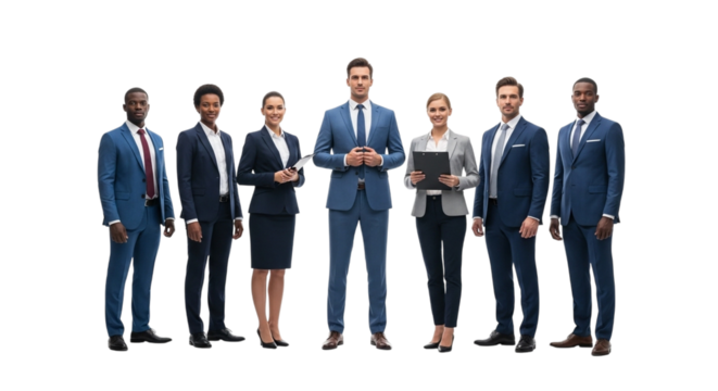 Diverse group of seven business professionals in suits standing together, isolated on transparent background