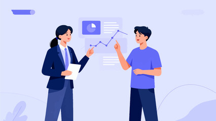 Two people discussing data charts