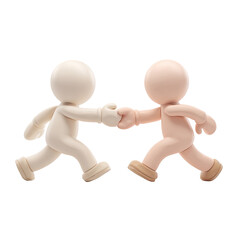 Two stylized figures, light beige and peach, walking and shaking hands