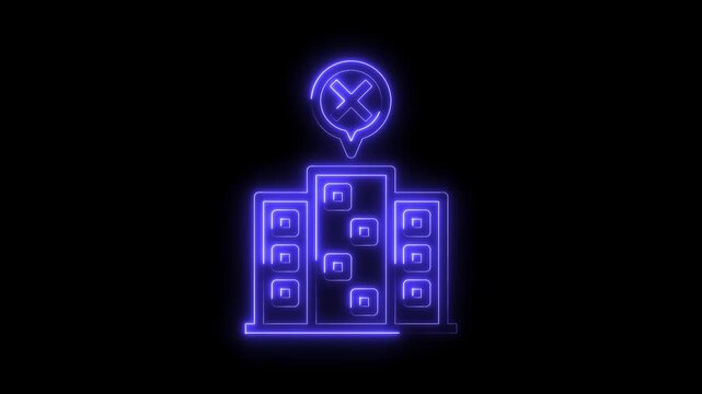 Abandoned building neon sign glowing with symbol indicating cancellation location on black background