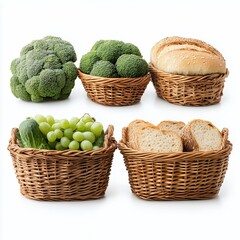 Fresh Vegetables and Breads in Baskets on White Background