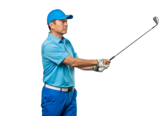 Asian man in blue golf attire midswing with a golf club, isolated on transparent background