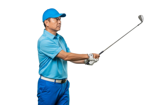 Asian man in blue golf attire midswing with a golf club, isolated on transparent background - Powered by Adobe