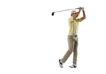 Golfer swinging a club during a game isolated on transparent background