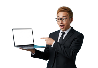 Surprised businessman pointing at a laptop screen isolated on transparent background