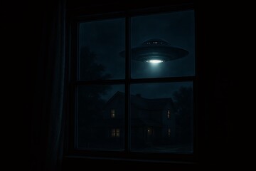 Obraz premium UFO Hovering Over House at Night Seen Through Window