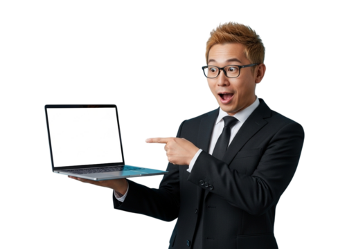 Surprised businessman pointing at a laptop screen isolated on transparent background