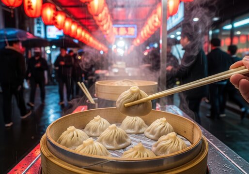Hand holding chopsticks picking up steamed soup dumplings from a bamboo steamer at a night market