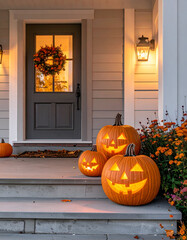 Obraz premium Glowing Jack O Lantern Pumpkins on a Front Porch for Halloween.