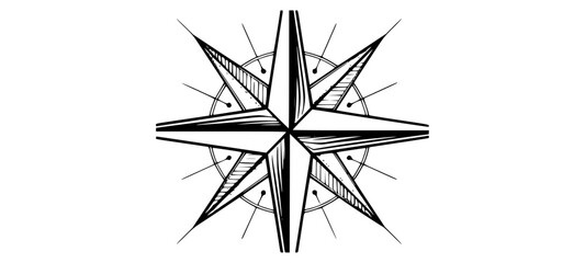 a black and white drawing of a compass roseblack, compass, illustration, line, star, symbol 