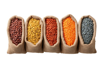 Five burlap bags filled with various colored lentils