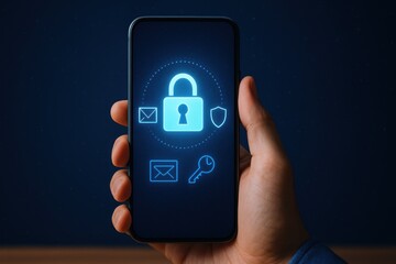 Person's hand holding a smartphone, displaying a secure padlock icon surrounded by a glowing circle, indicating data protection, internet security, and encrypted messaging on a deep blue background...