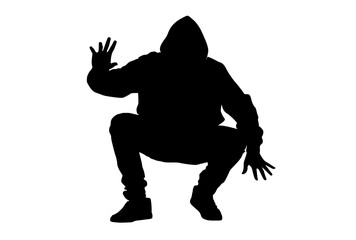 a silhouette of a squatting man in a hooded outfitblack, floor, hand, hood, hoodie, jump, man, person, profile, snowboarder, squat, trick 