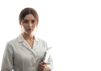 A young female doctor in a white lab coat holding a clipboard, isolated on transparent background