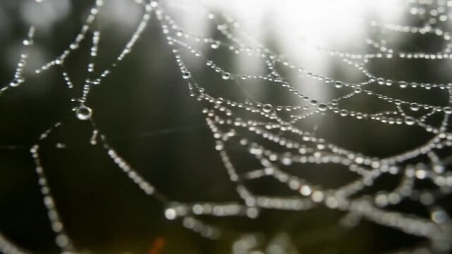 Close-up view of a spider web glistening with water droplets, illuminated by sunlight.