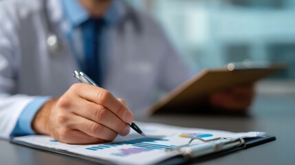 A doctor reviews medical charts and writes notes, analyzing patient data on a clipboard in a clinical setting