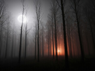 Misty Forest with Dual Lights and Eerie Fog