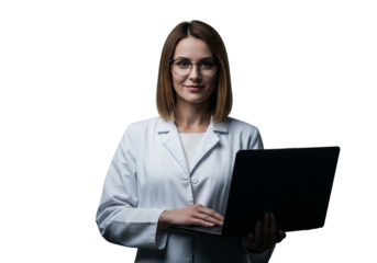 A woman wearing glasses and a white lab coat holding a laptop, isolated on transparent background