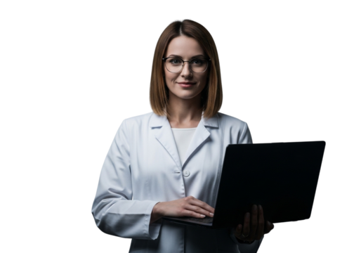 A woman wearing glasses and a white lab coat holding a laptop, isolated on transparent background