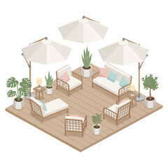 "Outdoor Patio Furniture Set with Umbrellas, Plants and Wooden Deck – Modern  Garden Lounge"