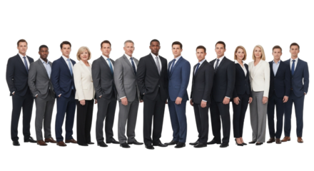 A diverse group of business professionals, men and women, standing in a line against a transparent background