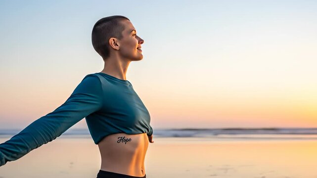Woman on beach with arms outstretched at sunset. A hopeful portrait of strength and resilience. Breast cancer awareness, survivor, positive attitude. World Breast Cancer Day