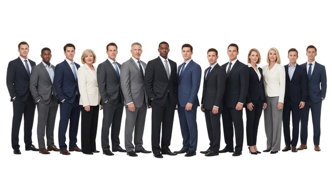 A diverse group of business professionals, men and women, standing in a line against a transparent background