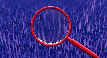 Discover individual talent in the crowd with this striking magnifying glass over a sea of people, perfect for recruitment or market analysis visuals