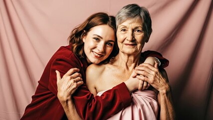 Grandmother and granddaughter embrace. A portrait of familial love and support. Breast cancer awareness, women's health, intergenerational bond. World Breast Cancer Day