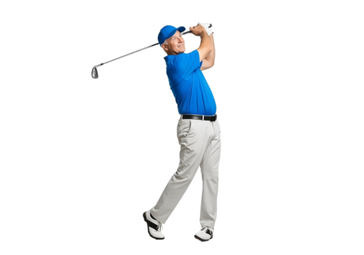 Golfer in a blue shirt and cap swinging a golf club, isolated on transparent background - Powered by Adobe