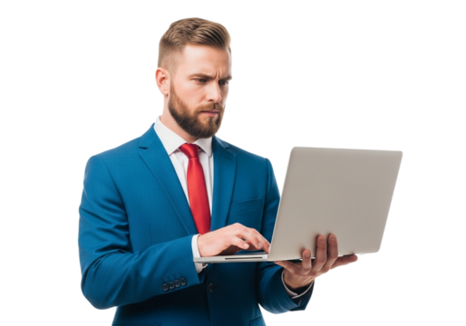 Man in blue suit and red tie using a laptop, isolated on transparent background - Powered by Adobe