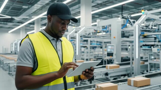 Worker Using Tablet in Modern Distribution Warehouse with Conveyor Belt