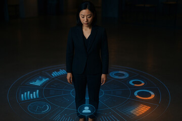 Businesswoman Standing in Immersive Floor-Projected Data Interface with Radial UI