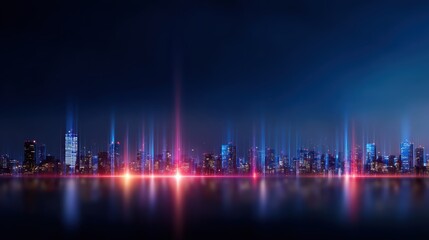 Fototapeta premium A futuristic city skyline at night is reflected on water, with vibrant neon lights and glowing beams illuminating the scene