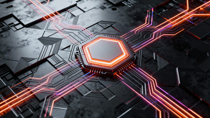 Circuit board with glowing neon lines