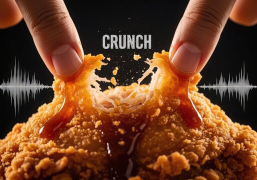 Closeup of hands breaking apart a crispy fried chicken piece with dripping sauce and sound waves