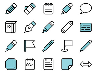 A collection of minimalistic writing and note-taking icons in various designs and colors.