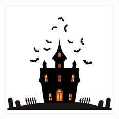 Classic Halloween vector illustration featuring a haunted house silhouette with glowing orange windows and door. Surrounded by gravestones, fences, and flying bats