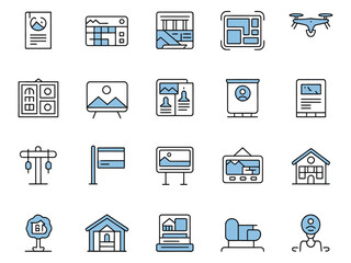 Fototapeta premium A collection of modern graphic design icons including a drone, media elements, and home illustrations.