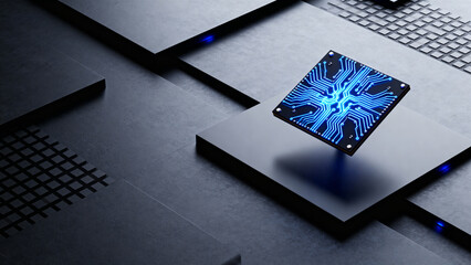 Circuit board with glowing blue lines